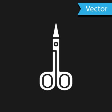 Siyah arkaplanda beyaz makas simgesi izole edildi. Alet kesme işareti. Vektör İllüstrasyonu