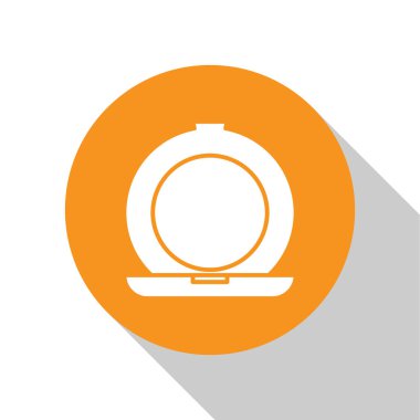 Beyaz arka planda izole edilmiş ayna ikonlu beyaz makyaj tozu. Turuncu daire düğmesi. Vektör İllüstrasyonu