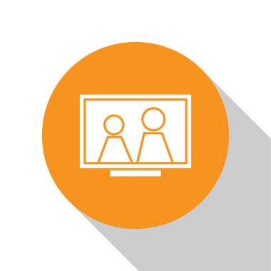 Masa simgesindeki beyaz resim çerçevesi beyaz arkaplanda izole edilmiş. Turuncu daire düğmesi. Vektör İllüstrasyonu