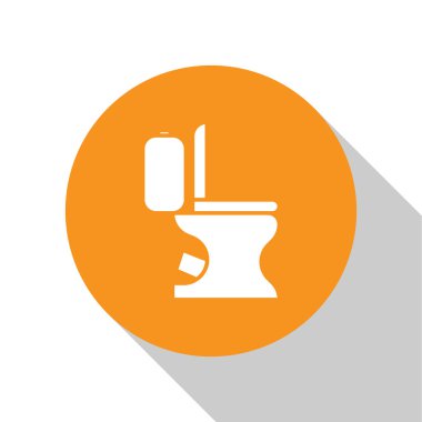 Beyaz klozet ikonu beyaz arka planda izole edilmiş. Turuncu daire düğmesi. Vektör İllüstrasyonu