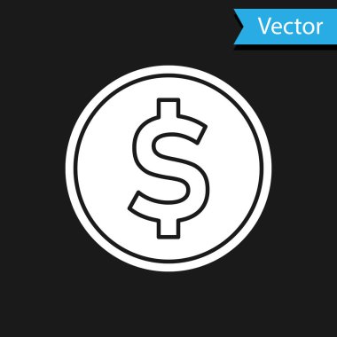 Siyah arkaplanda dolar sembolü olan beyaz sikke parası. Bankacılık işareti. Para sembolü. Vektör İllüstrasyonu
