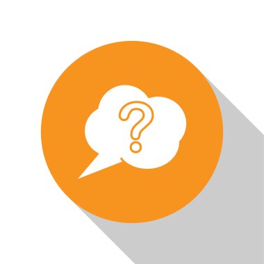 Beyaz konuşma balonu ve Soru simgesi beyaz arkaplanda izole edildi. Faq işareti. Dosyaları kopyala, konuşma balonu ve grafiğini çıkar. Turuncu daire düğmesi. Vektör İllüstrasyonu