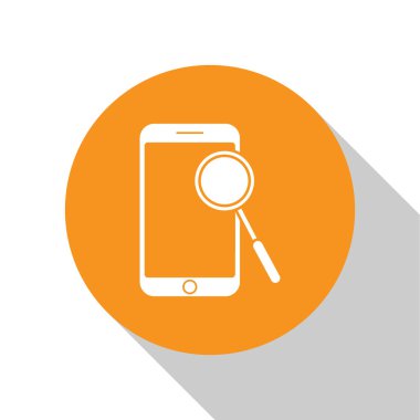 Beyaz cep telefonu tanılama simgesi beyaz arkaplanda izole edildi. Uygulama, servis, ayar seçenekleri, bakım, onarım, onarım. Turuncu daire düğmesi. Vektör İllüstrasyonu