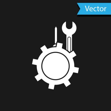 Siyah arka planda beyaz anahtar ve vites simgesi olan tornavida izole edildi. Ayarlama, servis, ayar, bakım, onarım, onarım. Vektör İllüstrasyonu