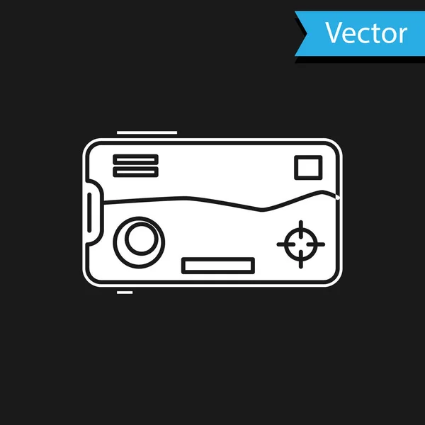 Smartphone blanco y jugar en el icono del juego aislado sobre fondo negro. Concepto de juego móvil. Ilustración vectorial — Vector de stock