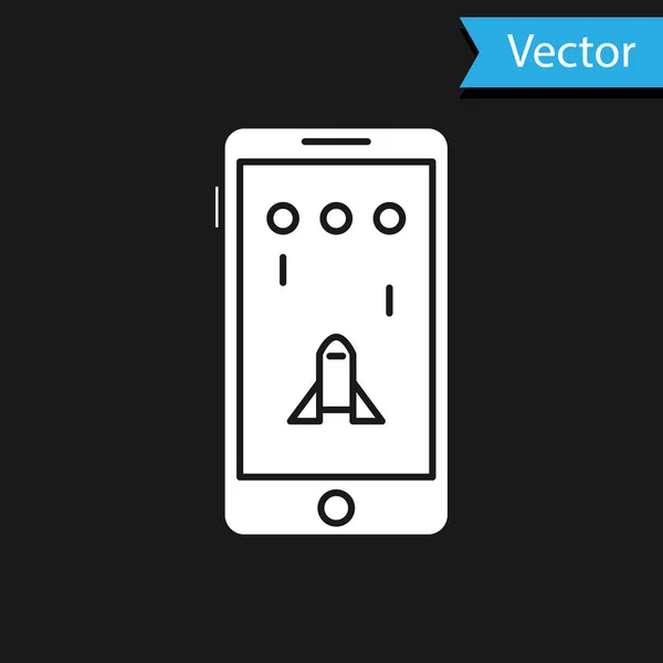 Smartphone branco e jogando no ícone do jogo isolado no fundo preto. Conceito de jogo móvel. Ilustração vetorial — Vetor de Stock