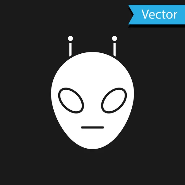 Icono Alien blanco aislado sobre fondo negro. Cara extraterrestre alienígena o símbolo de cabeza. Ilustración vectorial — Vector de stock