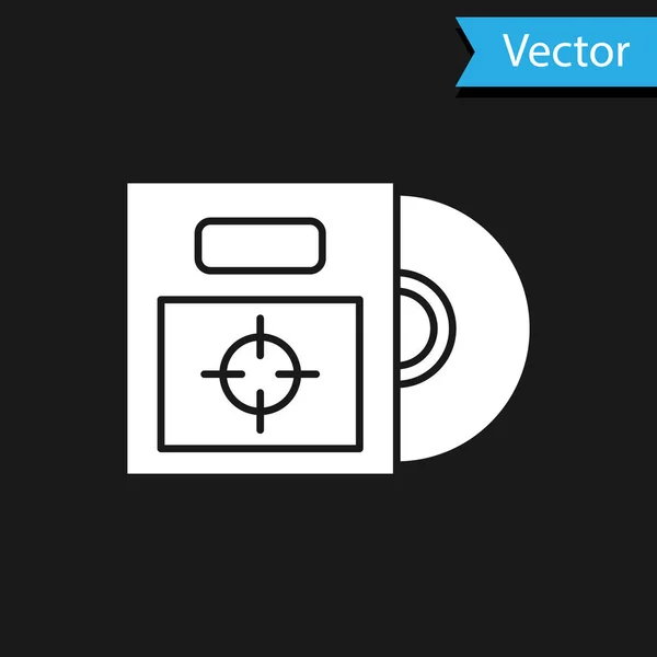 Disco de CD ou DVD branco no ícone da caixa isolado no fundo preto. Sinal de disco compacto. Ilustração vetorial — Vetor de Stock