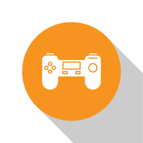 White Gamepad icon isolated on white background. Game controller. Orange circle button. Vector Illustration — Stock Vector