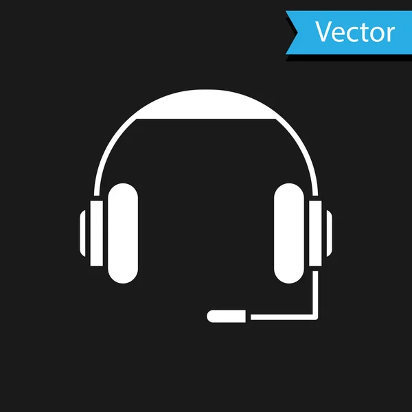 Ícone de fones de ouvido branco isolado no fundo preto. Fones de ouvido. Conceito para ouvir música, serviço, comunicação e operador. Ilustração vetorial — Vetor de Stock