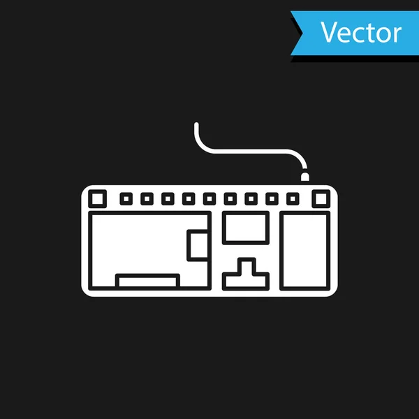 Icono del teclado del ordenador blanco aislado sobre fondo negro. Signo de componente PC. Ilustración vectorial — Vector de stock