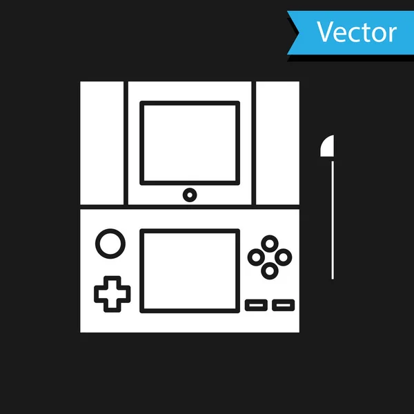 Icono de consola de videojuegos portátil blanca aislado sobre fondo negro. Señal de mando. Concepto de juego. Ilustración vectorial — Vector de stock