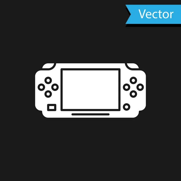 Icono de consola de videojuegos portátil blanca aislado sobre fondo negro. Señal de mando. Concepto de juego. Ilustración vectorial — Vector de stock