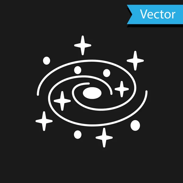 Witte Melkweg spiraalstelsel met sterren pictogram geïsoleerd op zwarte achtergrond. Vector Illustratie — Stockvector