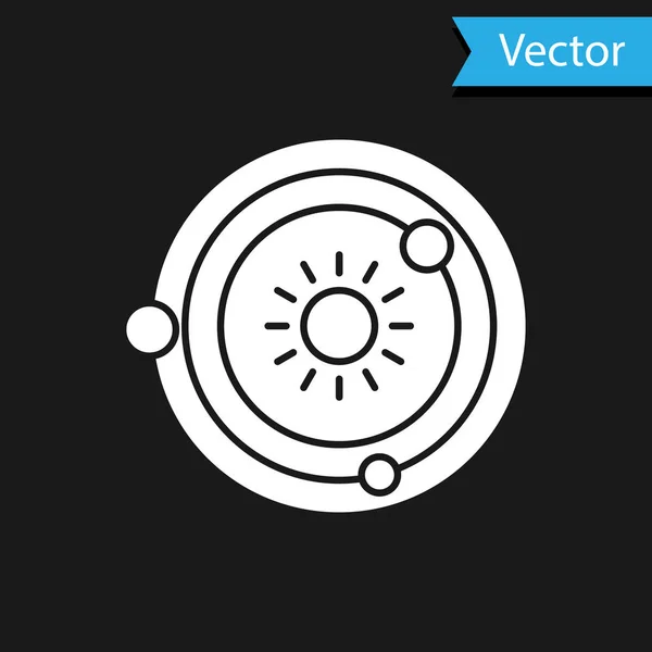 Ícone do sistema solar branco isolado no fundo preto. Os planetas giram em torno da estrela. Ilustração vetorial — Vetor de Stock