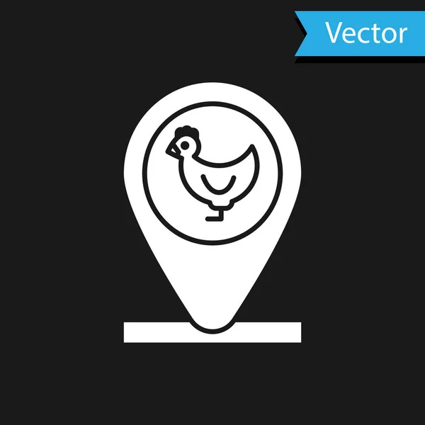 Fazenda de frango branco e ícone de localização isolado no fundo preto. Ilustração vetorial — Vetor de Stock