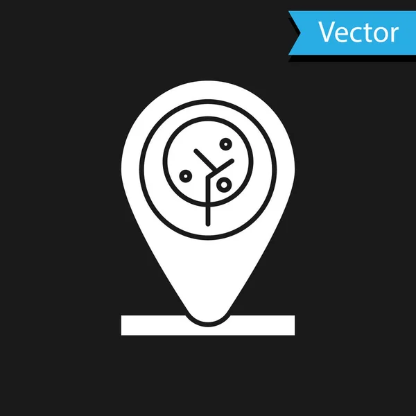 Icono de ubicación blanca y árbol aislado sobre fondo negro. Ilustración vectorial — Vector de stock