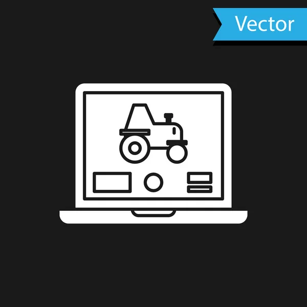Приложение White Laptop для управления автономным трактором на смарт-иконке фермы изолировано на черном фоне. Умное сельское хозяйство. Векторная миграция — стоковый вектор