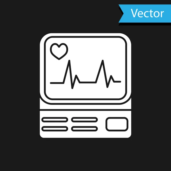 White Computer monitor s ikonou kardiogramu izolované na černém pozadí. Ikona sledování. Ecg monitor s nataženou rukou tlukoucí srdce. Vektorová ilustrace — Stockový vektor