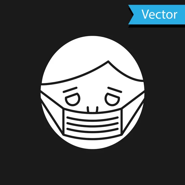 Cara de hombre blanco en un icono de máscara protectora médica aislado sobre fondo negro. Cuarentena. Ilustración vectorial — Vector de stock