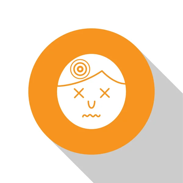 Uomo Bianco con mal di testa, icona emicrania isolata su sfondo bianco. Pulsante cerchio arancione. Illustrazione vettoriale — Vettoriale Stock