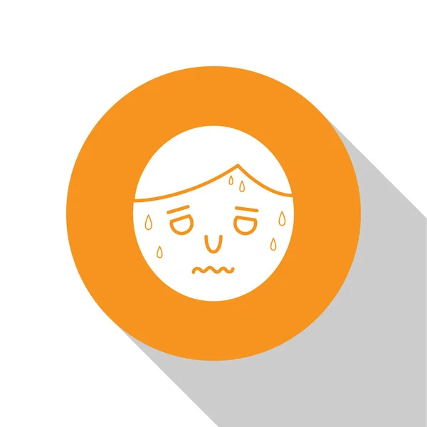 Hombre blanco con icono de sudoración excesiva aislado sobre fondo blanco. Botón círculo naranja. Ilustración vectorial — Vector de stock