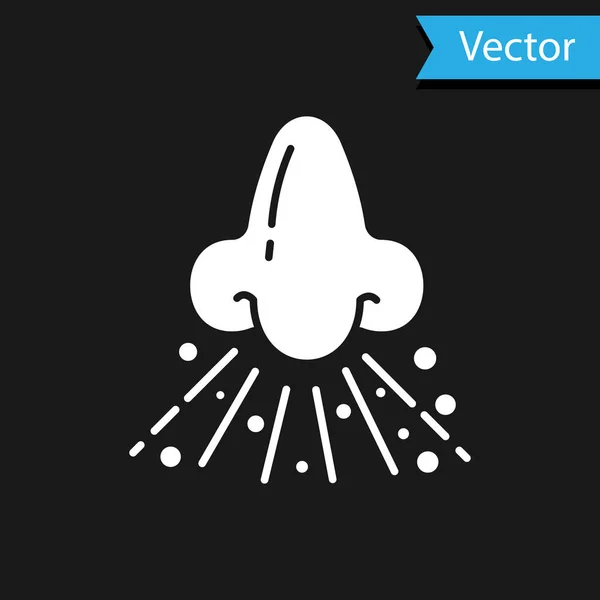 Icono blanco de nariz líquida aislado sobre fondo negro. Síntomas de rinitis, tratamiento. Nariz y estornudos. Enfermedades nasales. Ilustración vectorial — Vector de stock