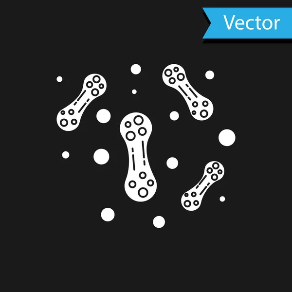 Weißes Bakteriensymbol auf schwarzem Hintergrund. Bakterien und Keime, krankheitsverursachende Mikroorganismen, Zellkrebs, Mikroben, Viren, Pilze. Vektorillustration — Stockvektor