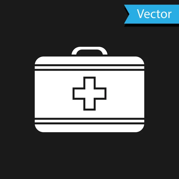 Weißes Verbandskasten-Symbol isoliert auf schwarzem Hintergrund. Medizinische Box mit Kreuz. Medizinische Geräte für den Notfall. Gesundheitskonzept. Vektorillustration — Stockvektor