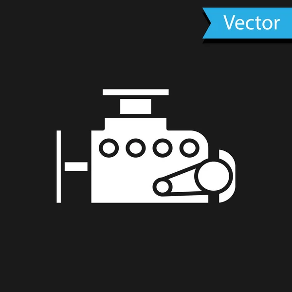 Icono del motor del coche blanco aislado sobre fondo negro. Ilustración vectorial — Vector de stock