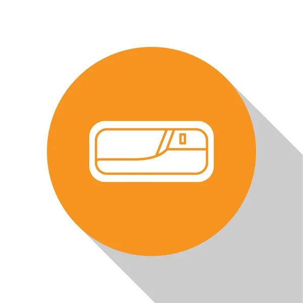 Icona maniglia auto bianca isolato su sfondo bianco. Pulsante cerchio arancione. Illustrazione vettoriale — Vettoriale Stock