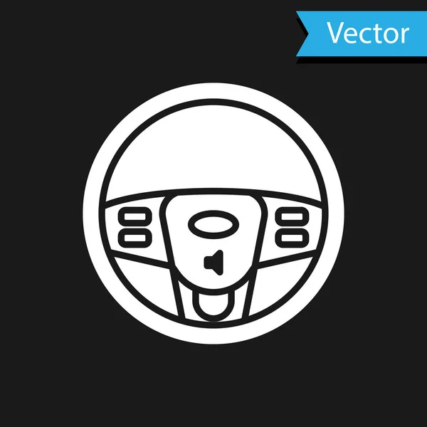 Icono blanco del volante aislado sobre fondo negro. Icono de rueda de coche. Ilustración vectorial — Vector de stock