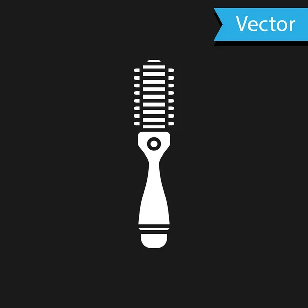 Secador de pelo blanco icono aislado sobre fondo negro. Señal de secador de pelo. Símbolo de secado. Soplando aire caliente. Ilustración vectorial — Vector de stock