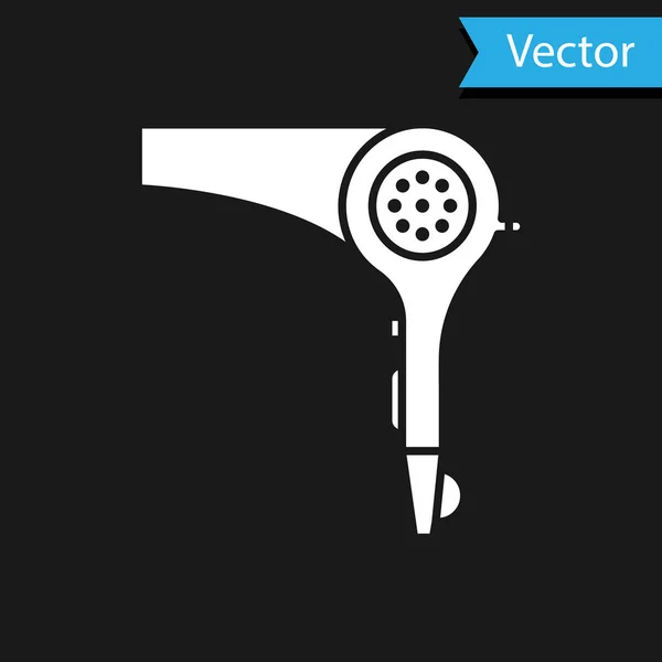 Weißes Haartrockner-Symbol auf schwarzem Hintergrund. Haartrockner Zeichen. Haartrockner-Symbol. Heiße Luft blasen. Vektorillustration — Stockvektor
