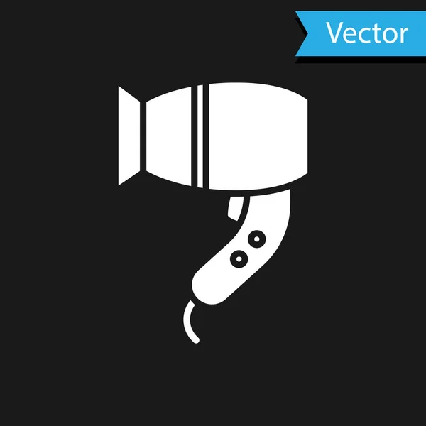 Иконка сушилки белого цвета выделена на черном фоне. Вывеска фен. Символ сушки волос. Дует горячий воздух. Векторная миграция — стоковый вектор