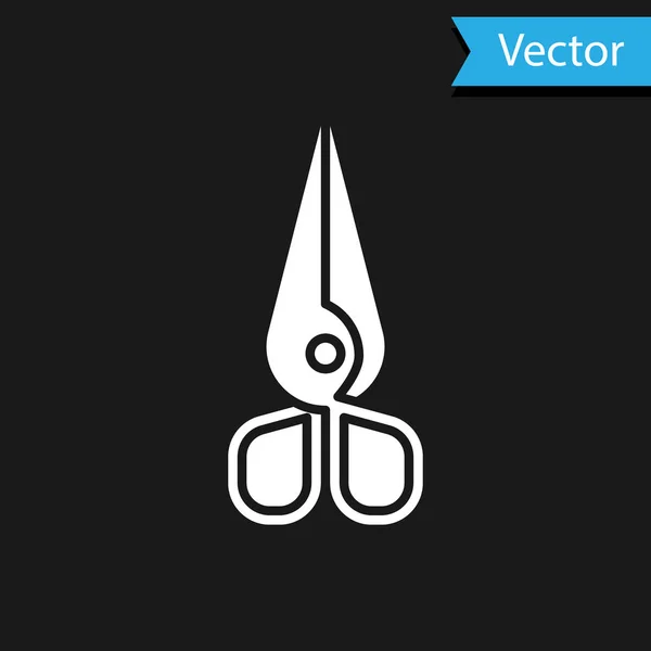 Icono Tijeras blancas aisladas sobre fondo negro. Señal de herramientas de corte. Ilustración vectorial — Vector de stock