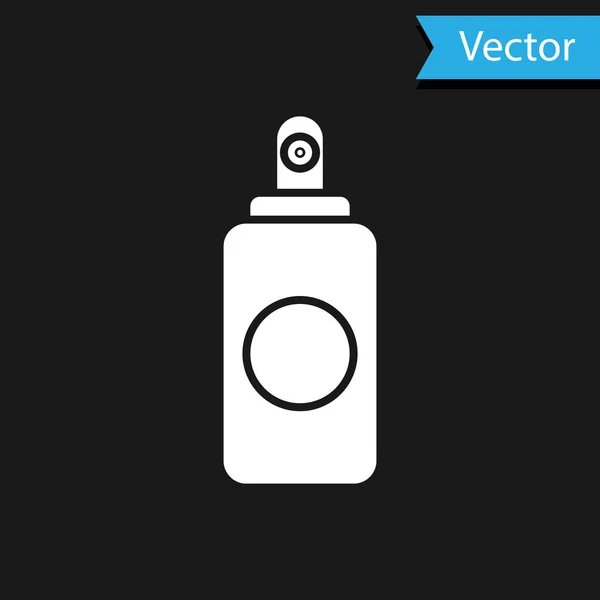 Spray branco pode para ambientador de ar, spray de cabelo, desodorizante, ícone antitranspirante isolado no fundo preto. Ilustração vetorial — Vetor de Stock