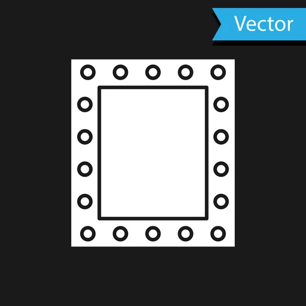Weißer Schminkspiegel mit Lichtersymbol isoliert auf schwarzem Hintergrund. Vektorillustration — Stockvektor