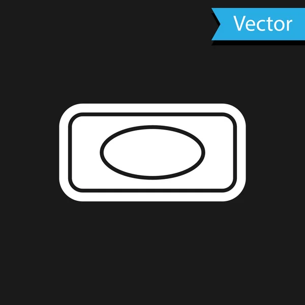 Barra blanca de jabón con icono de espuma aislado sobre fondo negro. Jabonera con burbujas. Ilustración vectorial — Vector de stock