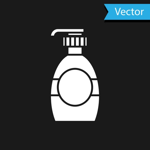 Weiße Flasche flüssige antibakterielle Seife mit Spendersymbol isoliert auf schwarzem Hintergrund. Desinfektion, Hygiene, Hautpflegekonzept. Vektorillustration — Stockvektor