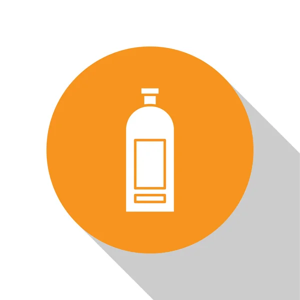 Weiße Flasche Shampoo-Symbol isoliert auf weißem Hintergrund. orange Kreis-Taste. Vektorillustration — Stockvektor