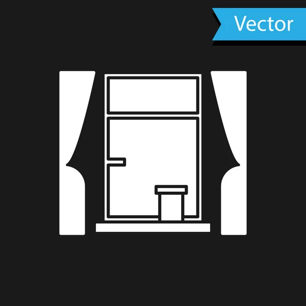 Janela branca com cortinas no ícone do quarto isolado no fundo preto. Ilustração vetorial — Vetor de Stock