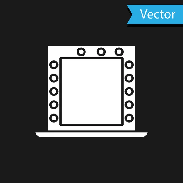 Espejo de maquillaje blanco con icono de luces aislado sobre fondo negro. Ilustración vectorial — Vector de stock