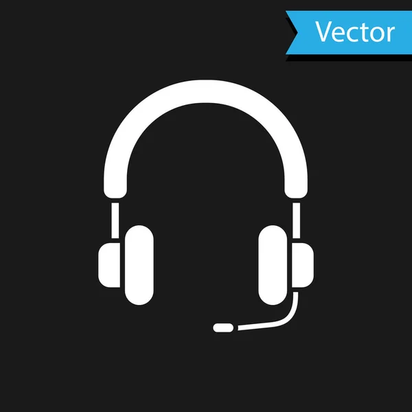 Icono de auriculares blancos aislado sobre fondo negro. Auriculares. Concepto para escuchar música, servicio, comunicación y operador. Ilustración vectorial — Vector de stock