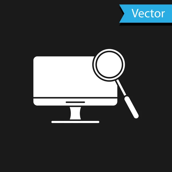 Icono de diagnóstico de monitor de computadora blanca aislado sobre fondo negro. Ajuste de la aplicación, servicio, opciones de configuración, mantenimiento, reparación. Ilustración vectorial — Vector de stock