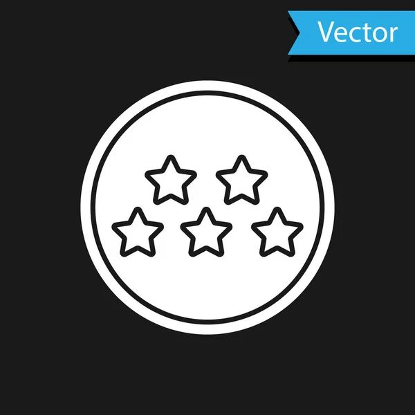Белые пять звезд отзыв рейтинг продукта клиента значок изолирован на черном фоне. Любимый, лучший рейтинг, символ награды. Векторная миграция — стоковый вектор
