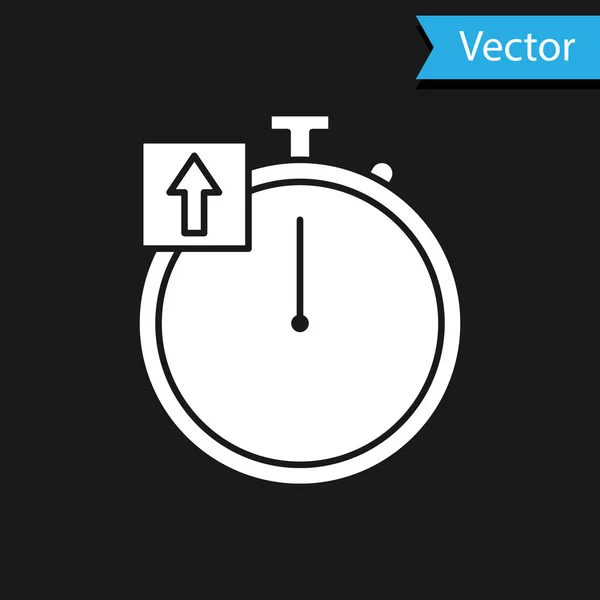 Ícone de cronômetro branco isolado no fundo preto. Sinal do temporizador. Assinatura do cronómetro. Ilustração vetorial — Vetor de Stock