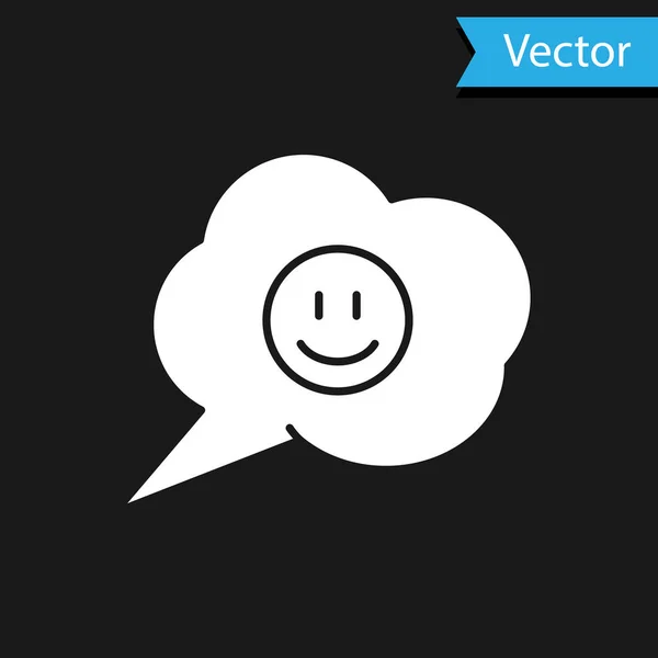 Burbuja de habla blanca con icono de la cara sonrisa aislado sobre fondo negro. Emoticono sonriente. Feliz símbolo de chat sonriente. Ilustración vectorial — Vector de stock