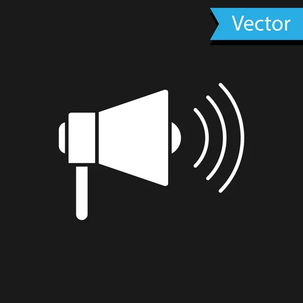 Weißes Megafon-Symbol isoliert auf schwarzem Hintergrund. Lautsprecheralarm. Stierhorn für Mundstück Schreiförderung. Vektorillustration — Stockvektor