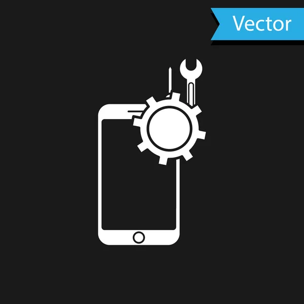 Telefone celular branco com chave de fenda e ícone de chave de fenda isolado no fundo preto. Ajuste, serviço, configuração, manutenção, reparo. Ilustração vetorial — Vetor de Stock